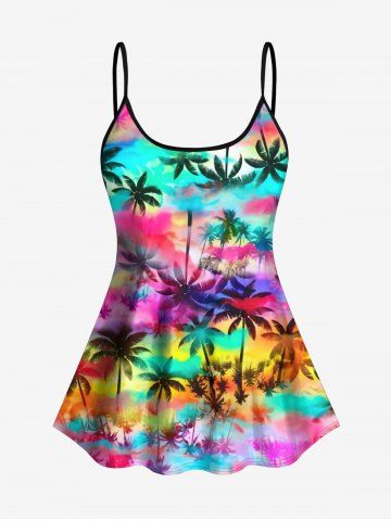 Hawaii Fashion Colorful Ombre Galaxy Coconut Tree Print Backless Tankini Top(Adjustable Shoulder Strap) - MULTI-A - 3X