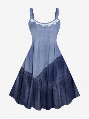 Plus Size Colorblock Appliques Dnim Patchwork 3D Print Tank Dress - BLUE GRAY - 5X