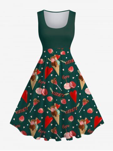 Plus Size Ice Cream Strawberry Macaron Heart Print 1950s Vintage Tank Dress - DEEP GREEN - 6X