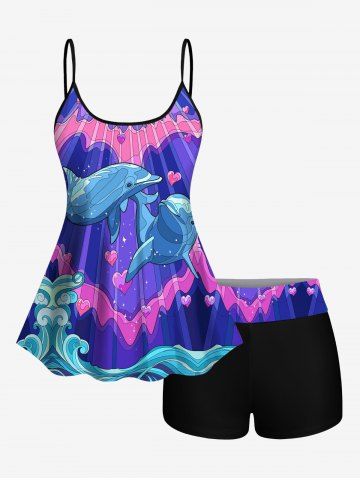 Hawaii Fashion Dophin Heart Sea Creatures Wave Print Boyleg Tankini Swimsuit (Adjustable Shoulder Strap) - PURPLE - 5X