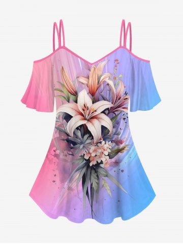Plus Size Lily Flower Leaf Ombre Colorblock Print Cold Shoulder T-shirt - LIGHT PINK - S