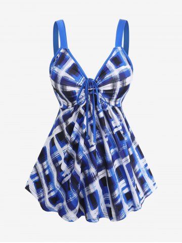 Plus Size Ink Painting Geometric Plaid Print Cinched Backless Tank Top - BLUE - XS