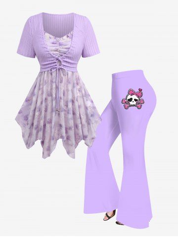 Flower Embroidery Cinched Textured 2 In 1 Top and Bowknot Heart Printed Pull On Flare Pants Plus Size Summer Outfit - PURPLE