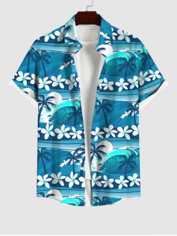 Hawaii Plus Size Sea Waves Flowers Coconut Tree Sun Print Buttons Pocket Shirt For Men - BLUE - S