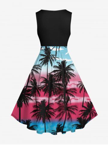 Hawaii Plus Size Coconut Tree Bird Cloud Colorblock Print 1950s Vintage Dress