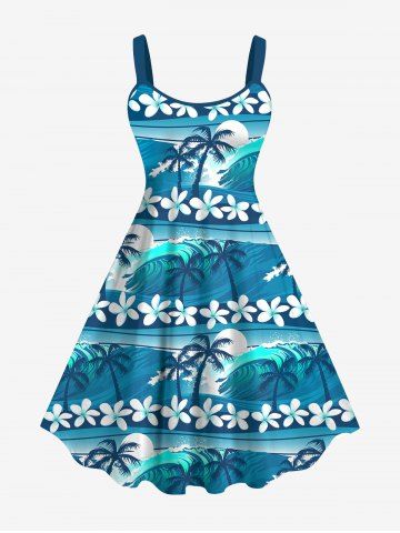 Hawaii Plus Size Sea Waves Flowers Coconut Tree Sun Print Tank Dress - BLUE - S