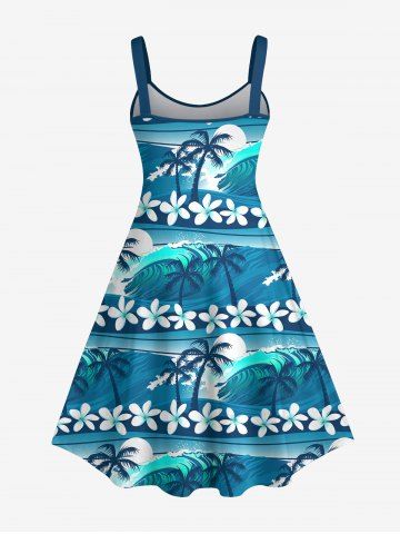 Hawaii Plus Size Sea Waves Flowers Coconut Tree Sun Print Tank Dress