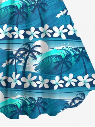 Hawaii Plus Size Sea Waves Flowers Coconut Tree Sun Print Tank Dress