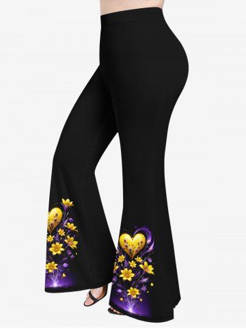 Pantalon Evasé 3D Feuille et Fleur Imprimées de Grande Taille à Paillettes - BLACK - 6X
