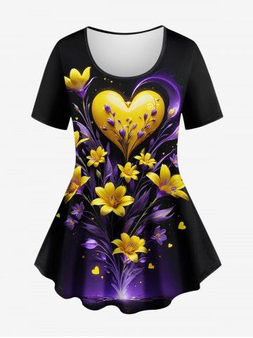 T-shirt 3D Feuille et Fleur Imprimées de Grande Taille à Paillettes