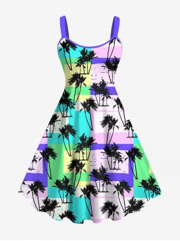 Hawaii Plus Size Coconut Tree Colorblock Scarf Print Tank Dress - MULTI-A - XS