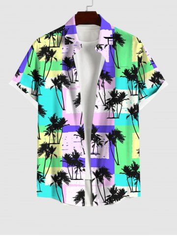 Hawaii Plus Size Coconut Tree Colorblock Scarf Print Buttons Pocket Shirt For Men - MULTI-A - S