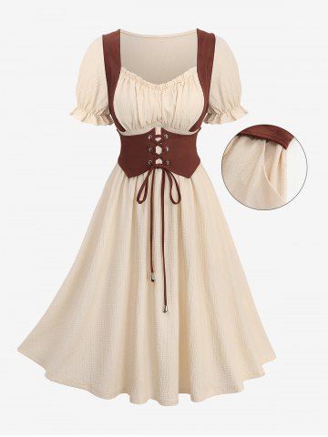 Plus Size Medieval Renaissance Lace Up Grommets Ruched Ruffles Pockets Textured 1950s Vintage Dress - BEIGE - 2X | US 18-20