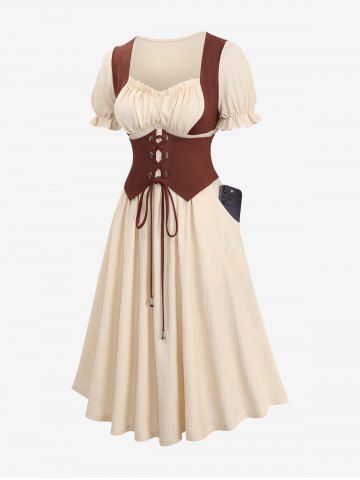 Plus Size Medieval Renaissance Lace Up Pockets 1950s Vintage Dress Halloween Tavern Wench Costume