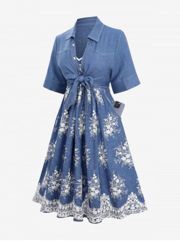 Plus Size Flower Leaf Embroidery Pockets Ruhced Cami Dress and Tied Bowknot Buttons Blouse