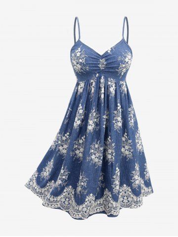 Plus Size Flower Leaf Embroidery Pockets Ruhced Cami Dress and Tied Bowknot Buttons Blouse