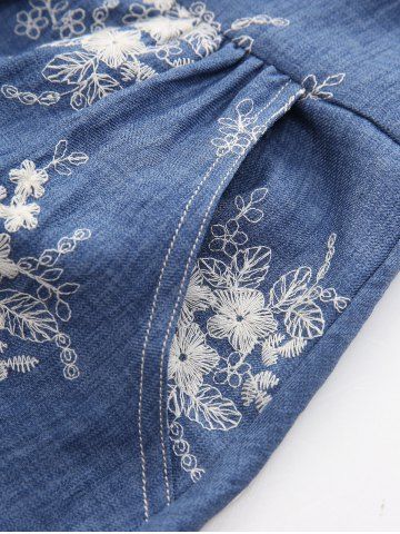 Plus Size Flower Leaf Embroidery Pockets Ruhced Cami Dress and Tied Bowknot Buttons Blouse