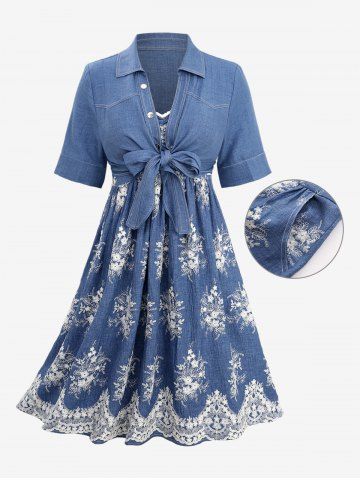 Plus Size Flower Leaf Embroidery Pockets Ruhced Cami Dress and Tied Bowknot Buttons Blouse - BLUE - 2X | US 18-20