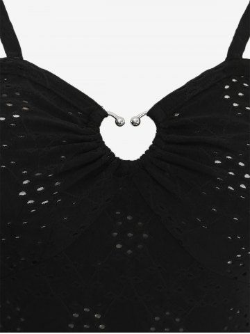 Plus Size Heart Buckle Cinched Laser Cut Hollow Out Crisscross Strappy Flounce Hem Crinkle Textured Asymmetric Patchwork A Line Dress