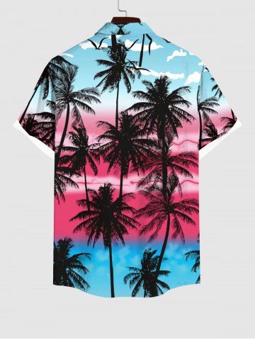 Hawaii Plus Size Coconut Tree Bird Cloud Colorblock Print Buttons Pocket Shirt For Men
