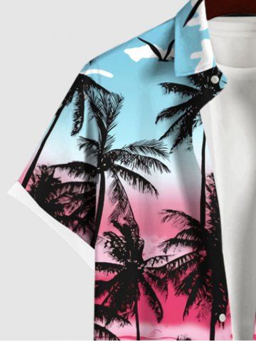 Hawaii Plus Size Coconut Tree Bird Cloud Colorblock Print Buttons Pocket Shirt For Men