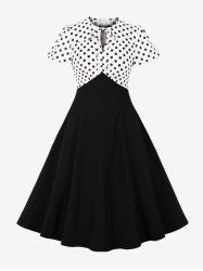 Plus Size Polka Dots Print Back Zipper Tie Keyhole Neck Vintage Dress -  