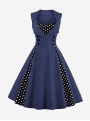 1950s Retro Plus Size Polka Dots Print Patchwork Buttons Side Zipper Vintage Swing Dress -  