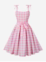 Plus Size Plaid Printed Bowknot Zipper Vintage Tie Cami Cottagecore Dress -  