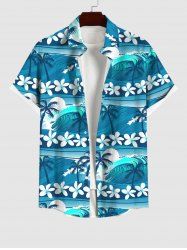 Hawaii Plus Size Sea Waves Flowers Coconut Tree Sun Print Buttons Pocket Shirt For Men -  