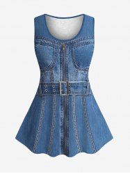 Plus Size Grommets Buckle Belt Zipper Denim 3D Print Lace Back Tank Top -  