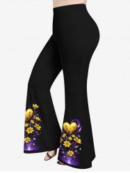 Pantalon Evasé 3D Feuille et Fleur Imprimées de Grande Taille à Paillettes - Noir S