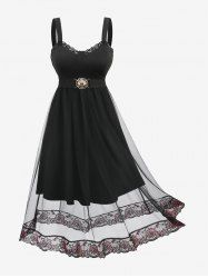 Plus Size Vintage Floral Lace Mesh Overlay Shell Buckle Backless A Line Layered Tank Dress -  