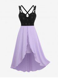 Plus Size Heart Buckle Cinched Laser Cut Hollow Out Crisscross Strappy Flounce Hem Crinkle Textured Asymmetric Patchwork A Line Dress -  