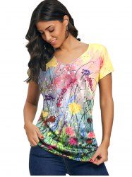 Colorful Pattern V Neck Short Sleeve Tee -  