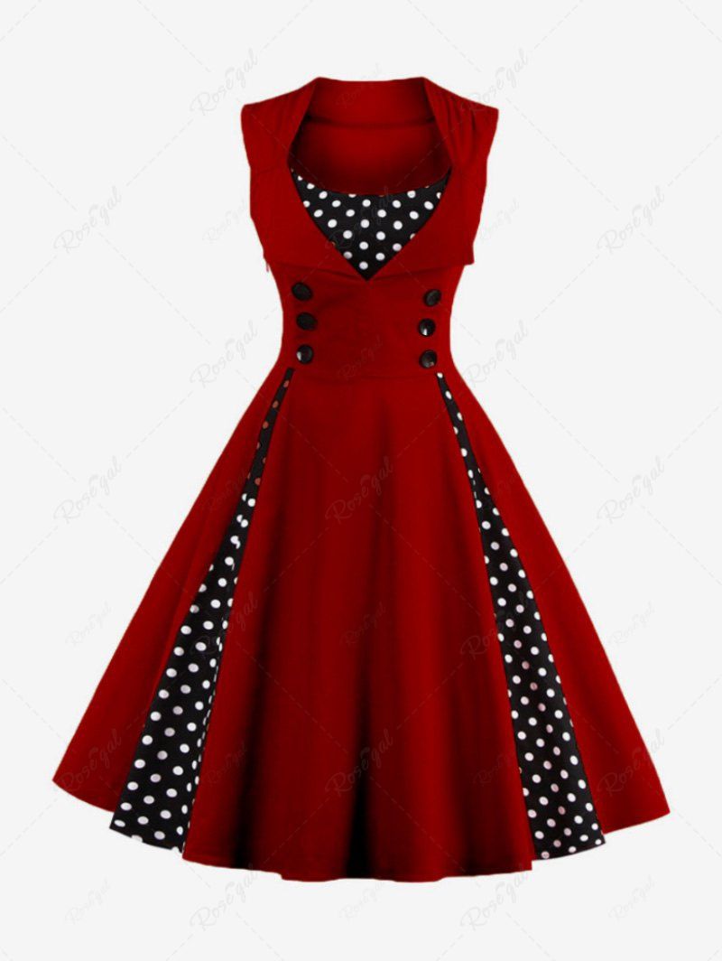 Store 1950s Retro Plus Size Polka Dots Print Patchwork Buttons Side Zipper Vintage Swing Dress  