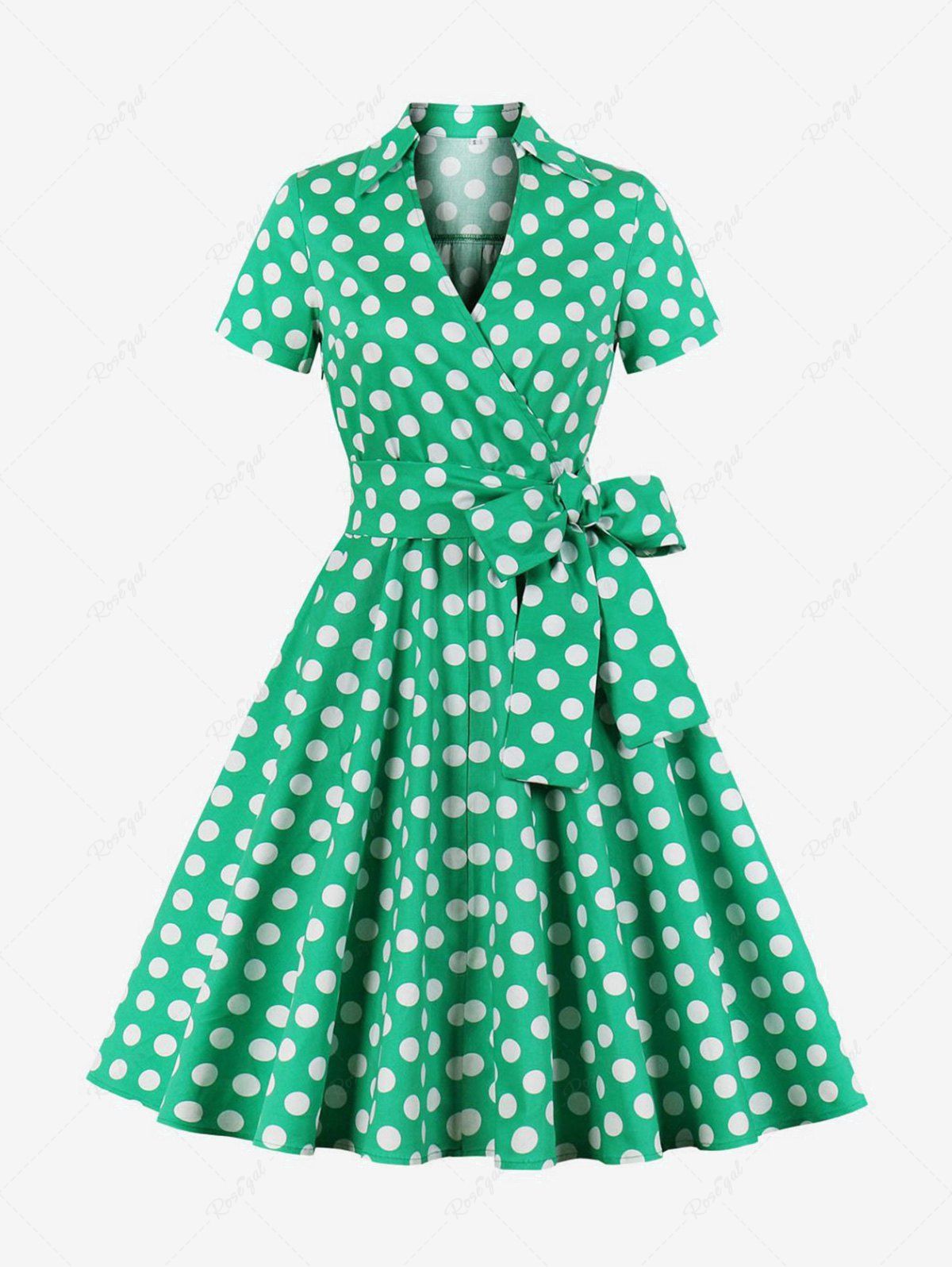 Discount Plus Size Polka Dots Print Shirt Collar Surplice Zipper Ruched Vintage Dress With Belt  