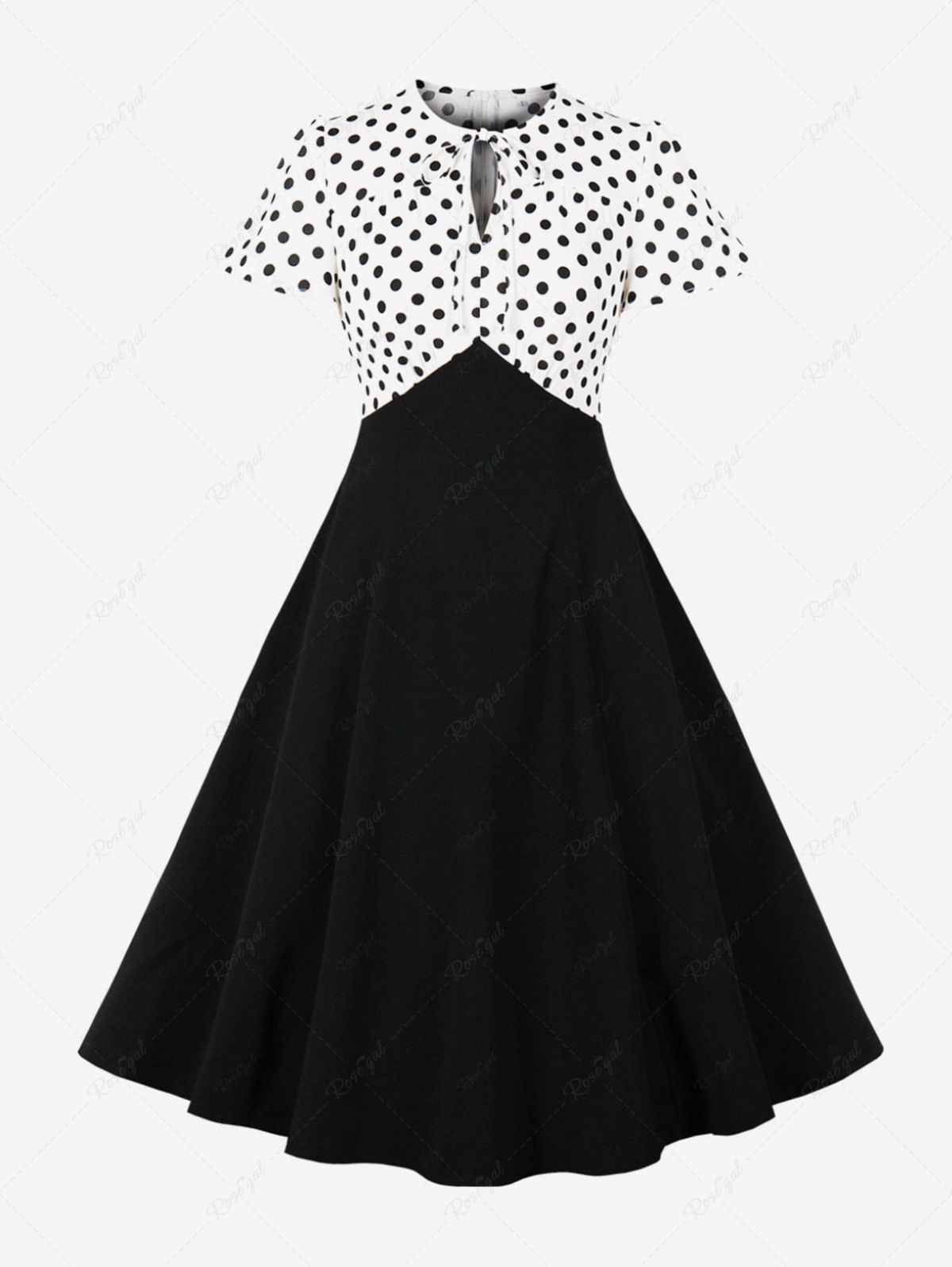 Online Plus Size Polka Dots Print Back Zipper Tie Keyhole Neck Vintage Dress  
