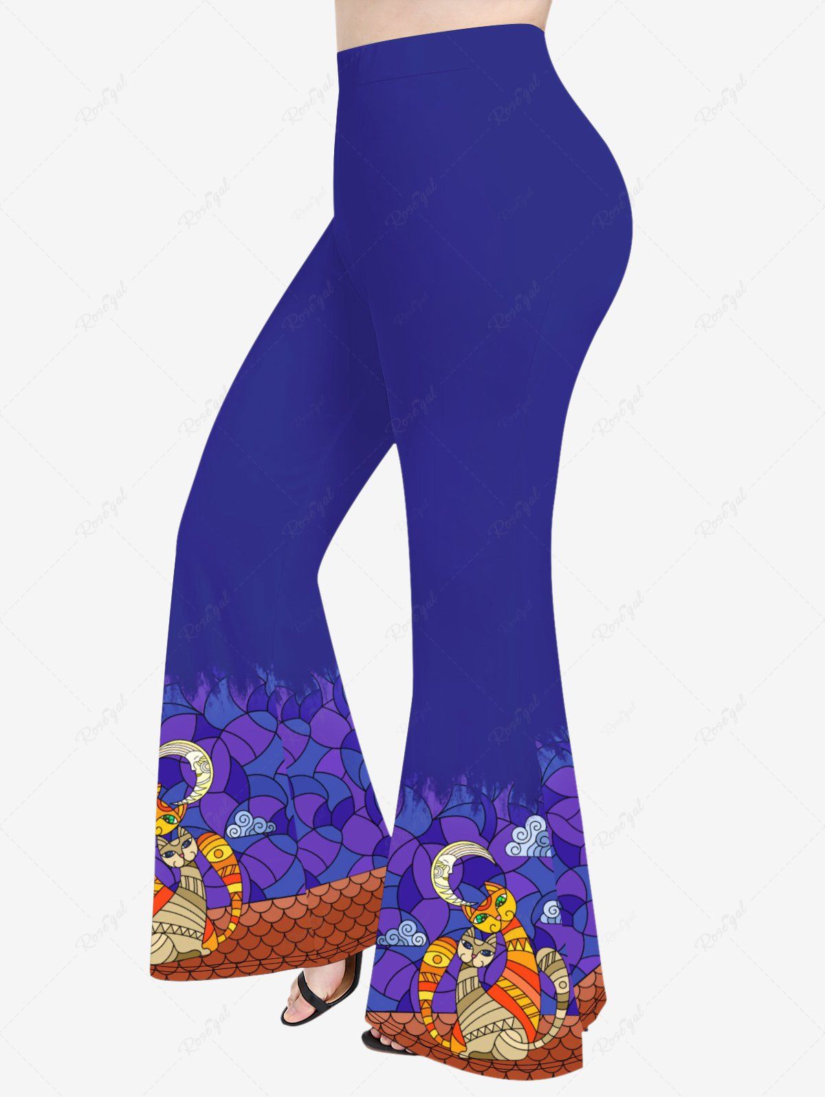 Pantalon Evasé Chat Lune et Soir Imprimés en Blocs de Couleurs de Grande Taille Pourpre  5X