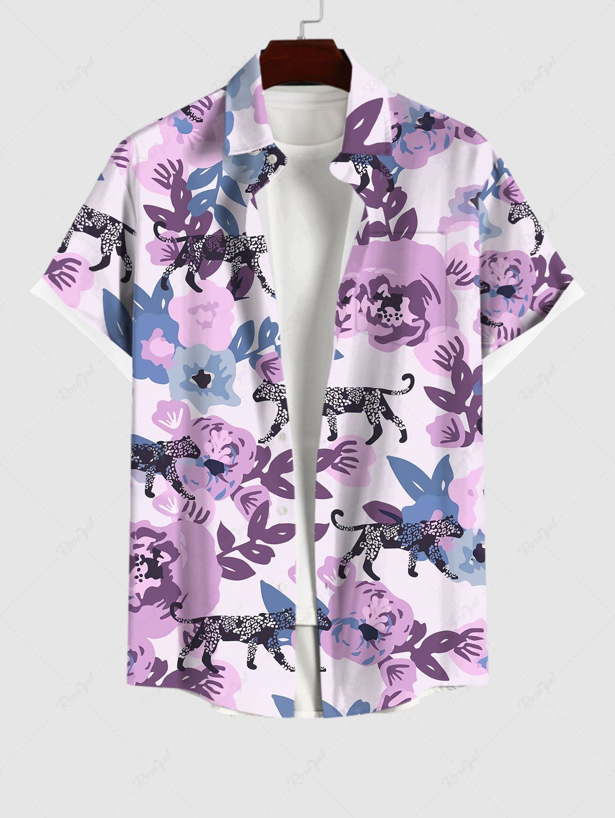 Chemise Décontractée Léopard Fleur Feuille Imprimés avec Poche à Manches Courtes Multi-A M