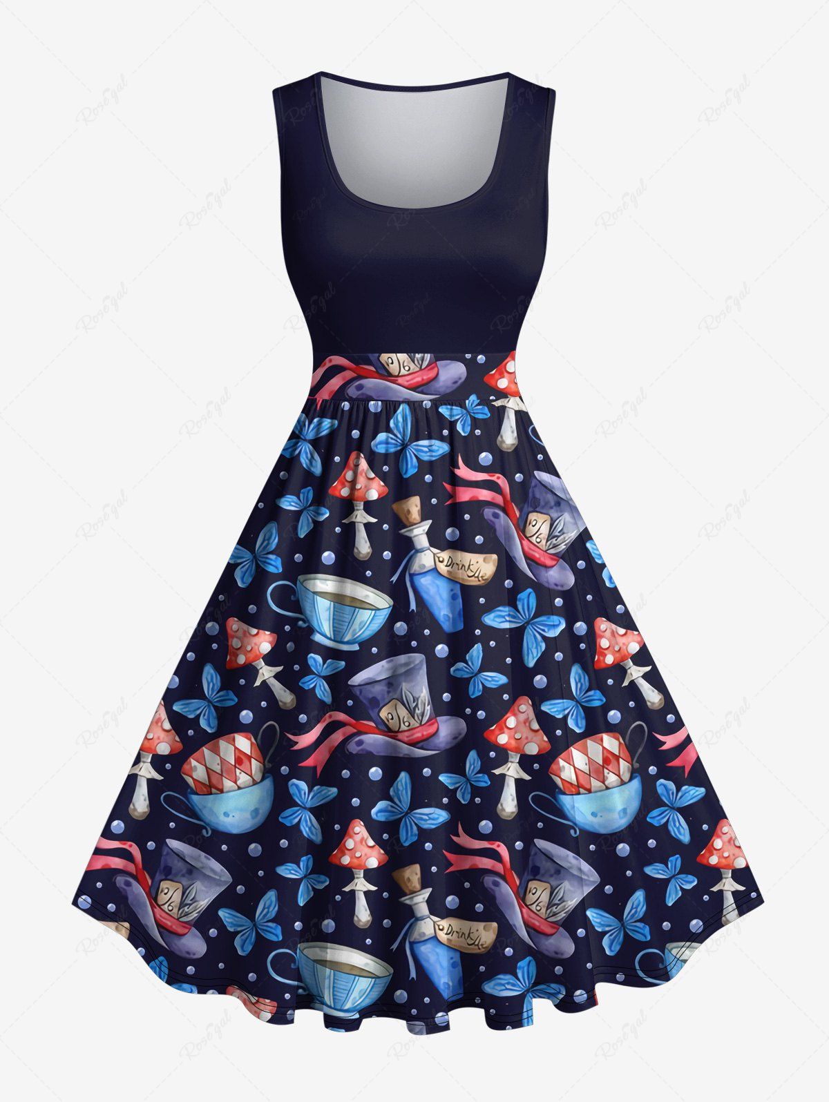 Store Plus Size Cup Bottles Mushroom Hat Print 1950s Vintage Tank Dress  