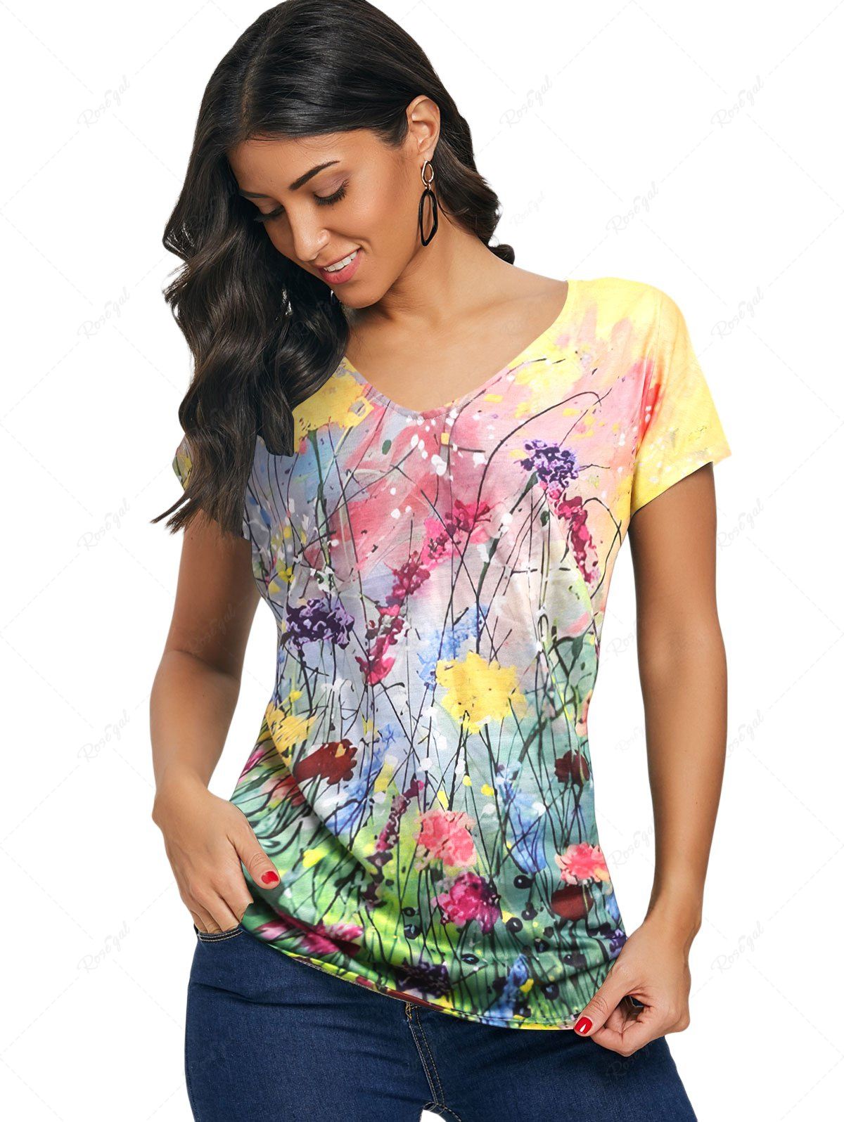 T-shirt Motif Coloré à Manches Courtes à Col V Multi-A XXL | NOUS 14