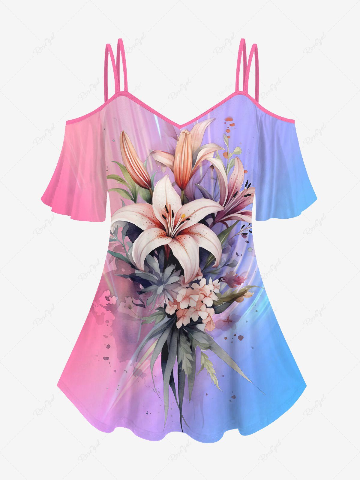 Buy Plus Size Lily Flower Leaf Ombre Colorblock Print Cold Shoulder T-shirt  