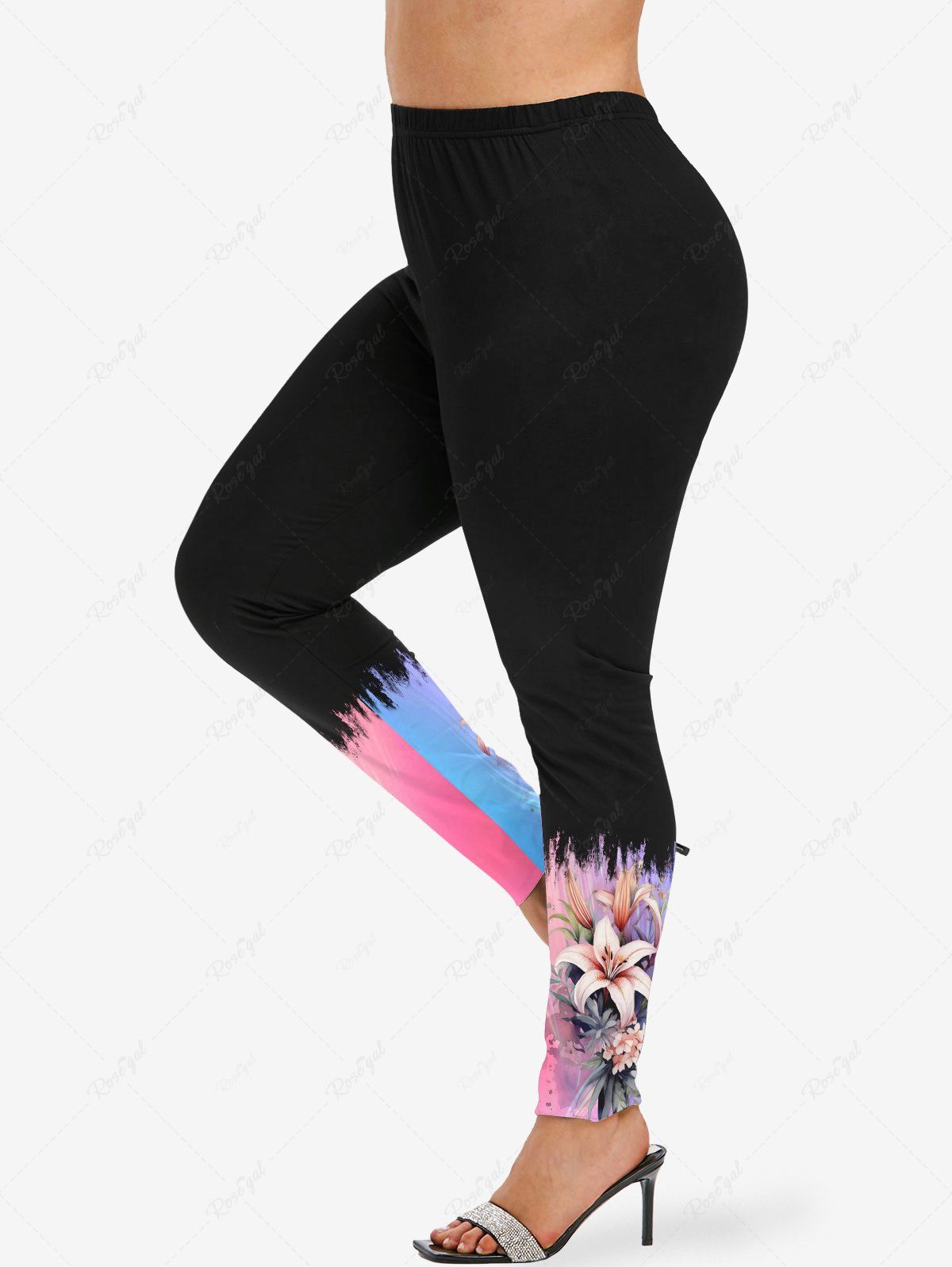 Cheap Plus Size Lily Flower Leaf Ombre Colorblock Print Leggings  