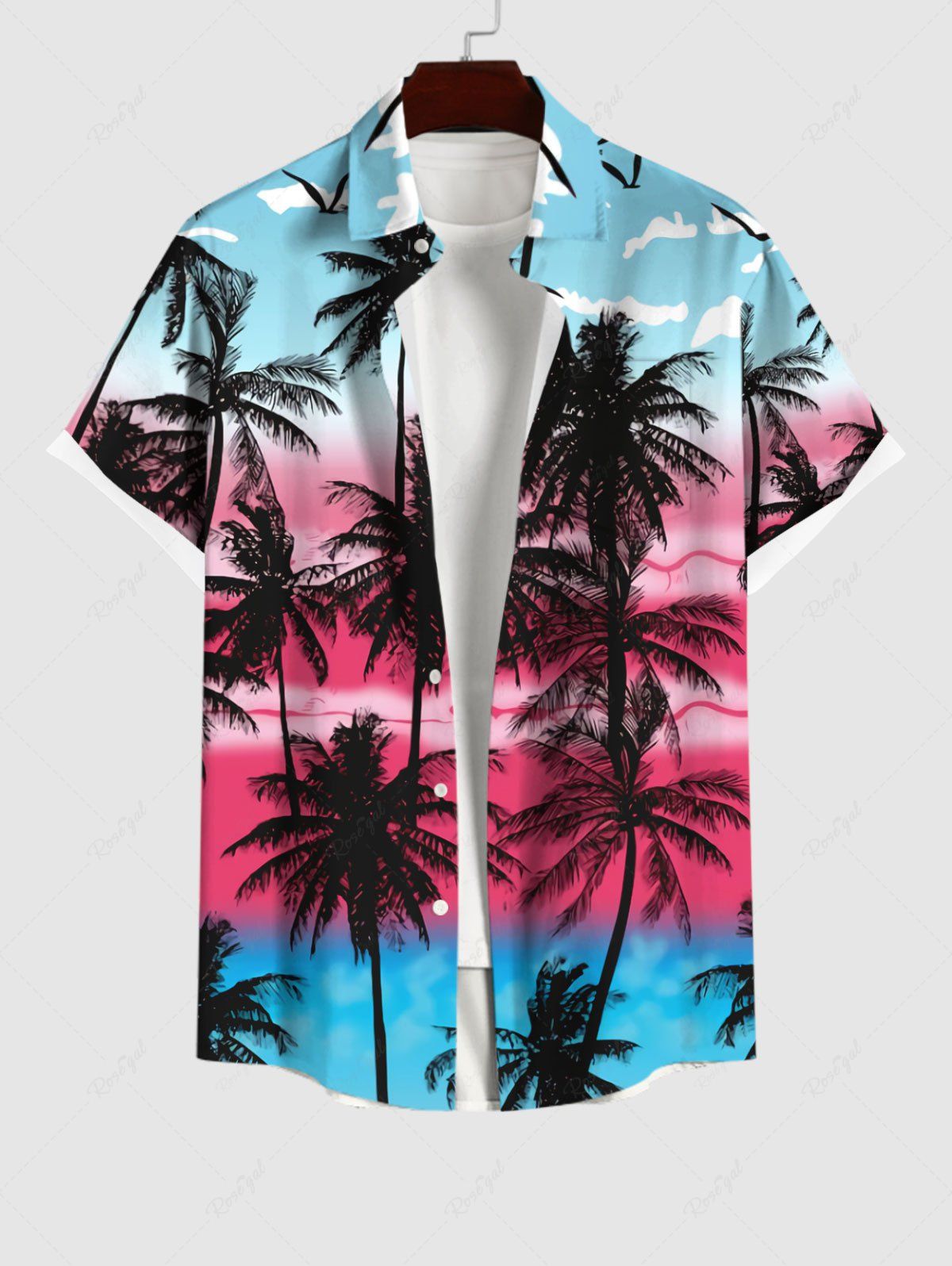 Store Hawaii Plus Size Coconut Tree Bird Cloud Colorblock Print Buttons Pocket Shirt For Men  