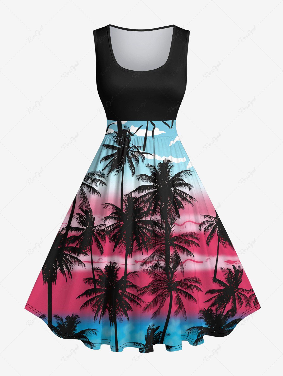Robe Vintage Hawaïen Arbre Noix de Coco Imprimé en Blocs de Couleurs de Grande Taille Multi-A XXS