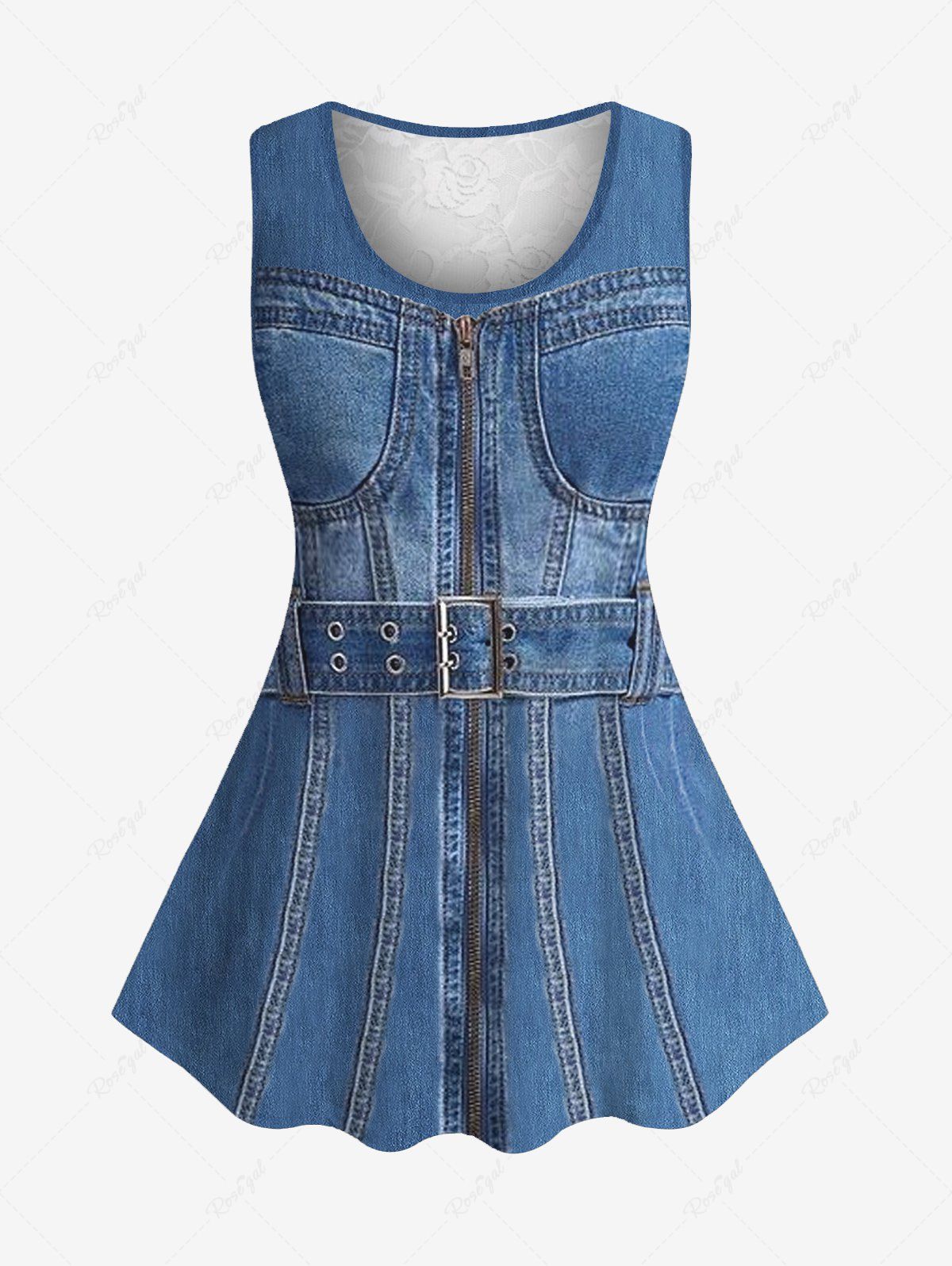 Online Plus Size Grommets Buckle Belt Zipper Denim 3D Print Lace Back Tank Top  