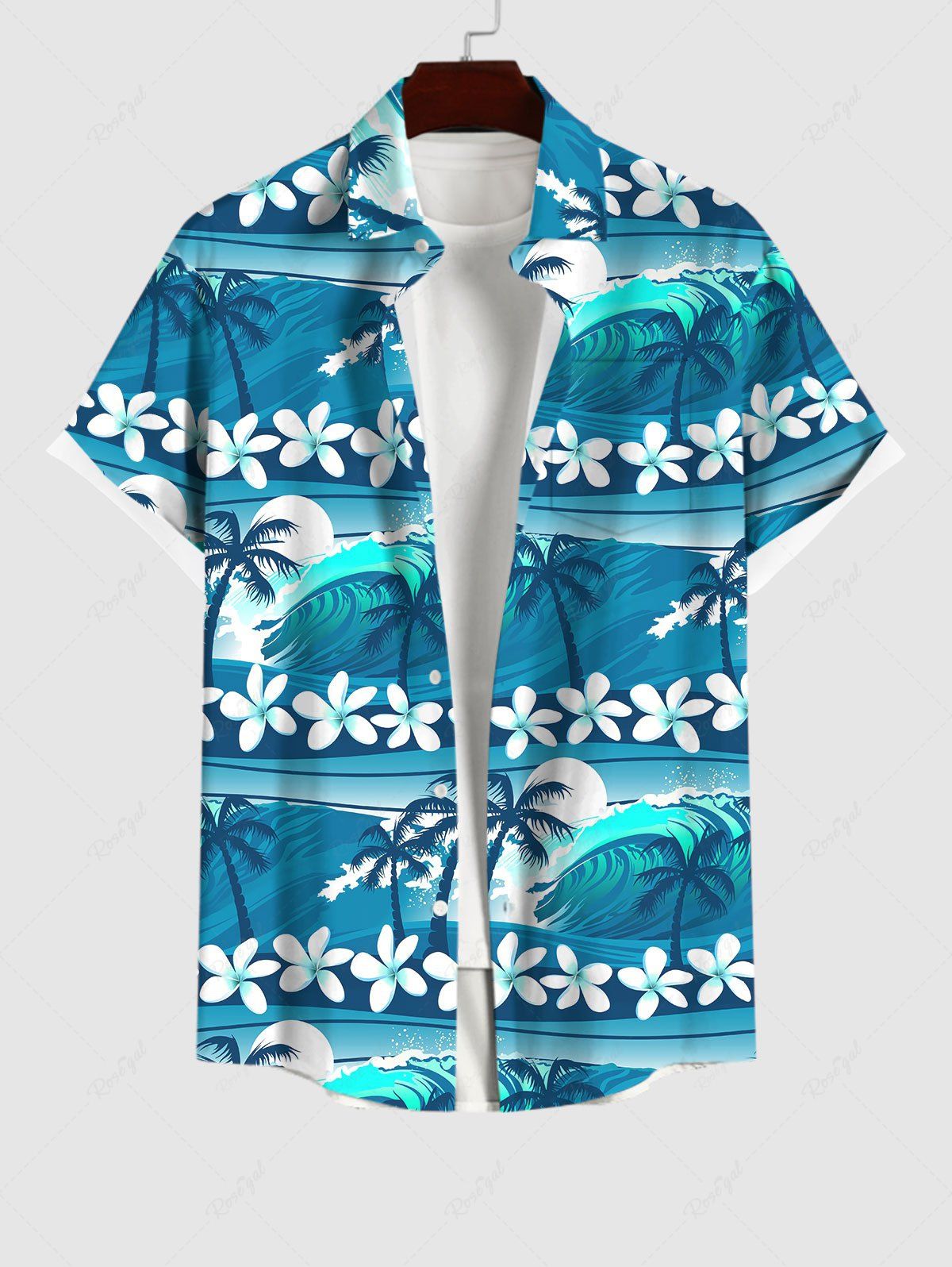 Outfit Hawaii Plus Size Sea Waves Flowers Coconut Tree Sun Print Buttons Pocket Shirt For Men  