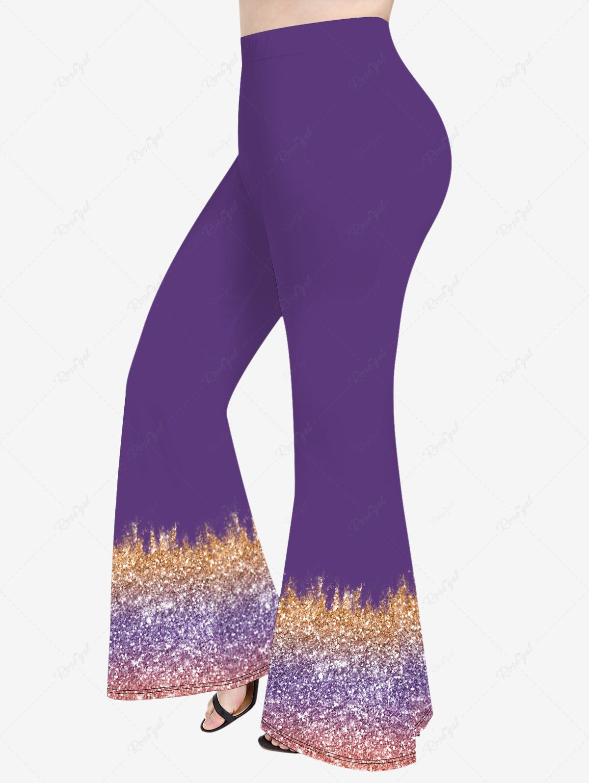 Pantalon Evasé 3D en Blocs de Couleurs à Paillettes de Grande Taille à Paillettes Pourpre  L