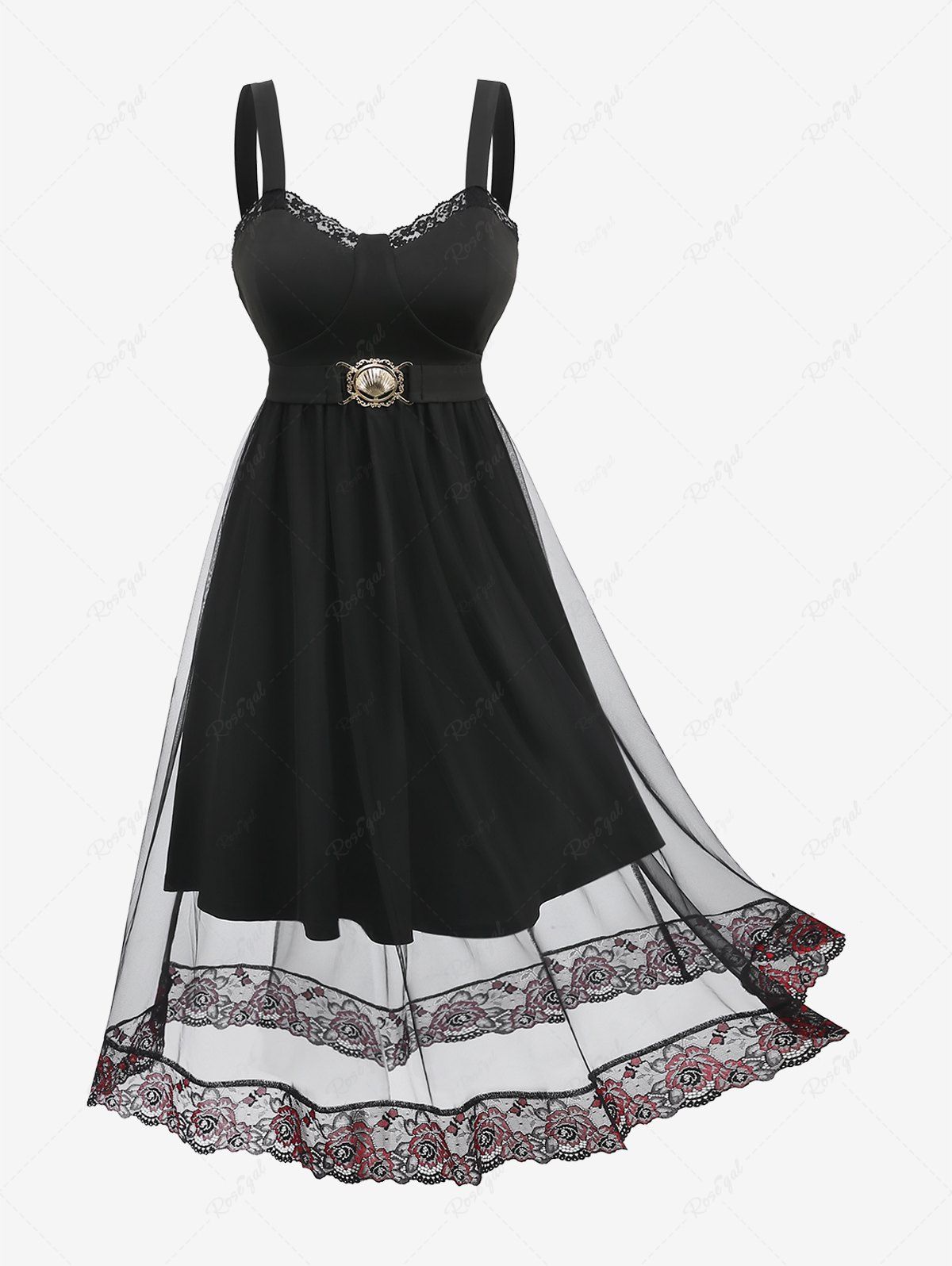 Discount Plus Size Vintage Floral Lace Mesh Overlay Shell Buckle Backless A Line Layered Tank Dress  