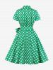 Plus Size Polka Dots Print Shirt Collar Surplice Zipper Ruched Vintage Dress With Belt -  